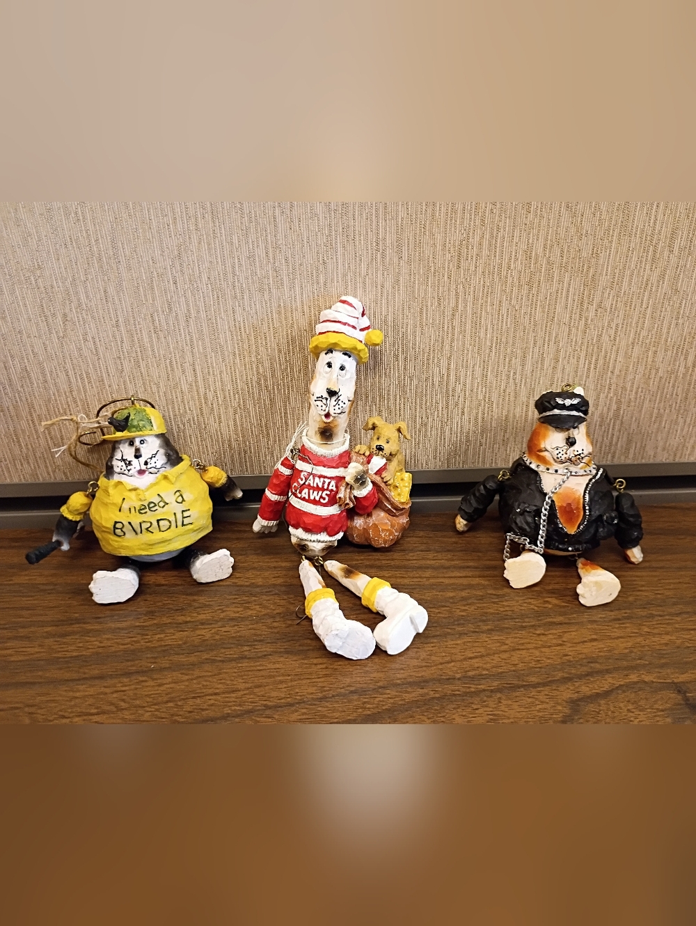 3 Vintage Funky Unique Cat Ornaments, Hell Cat, Golfer Cat, & Santa Cat Lot